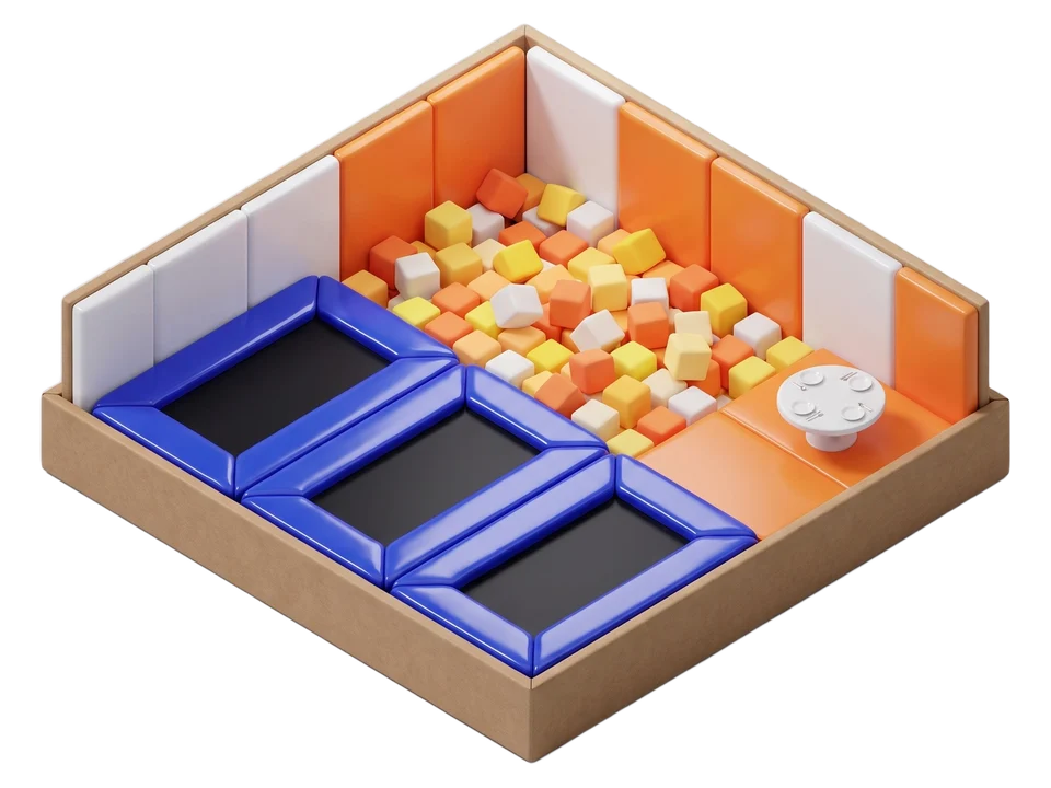 Maqueta de juguete de un parque de trampolines: camas elásticas azules, un foso de cubos de colores y paredes acolchadas.